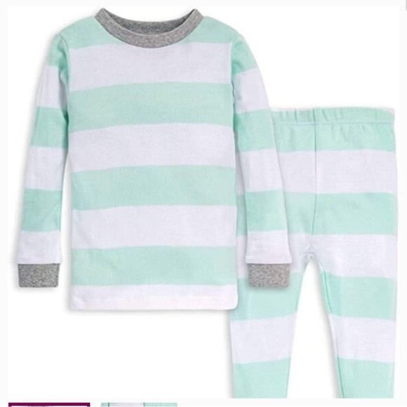 Burt's Bees Girls Pyjama Set Organic Cotton Green Rugby Stripe ( 7 ) - Picture 1 of 5